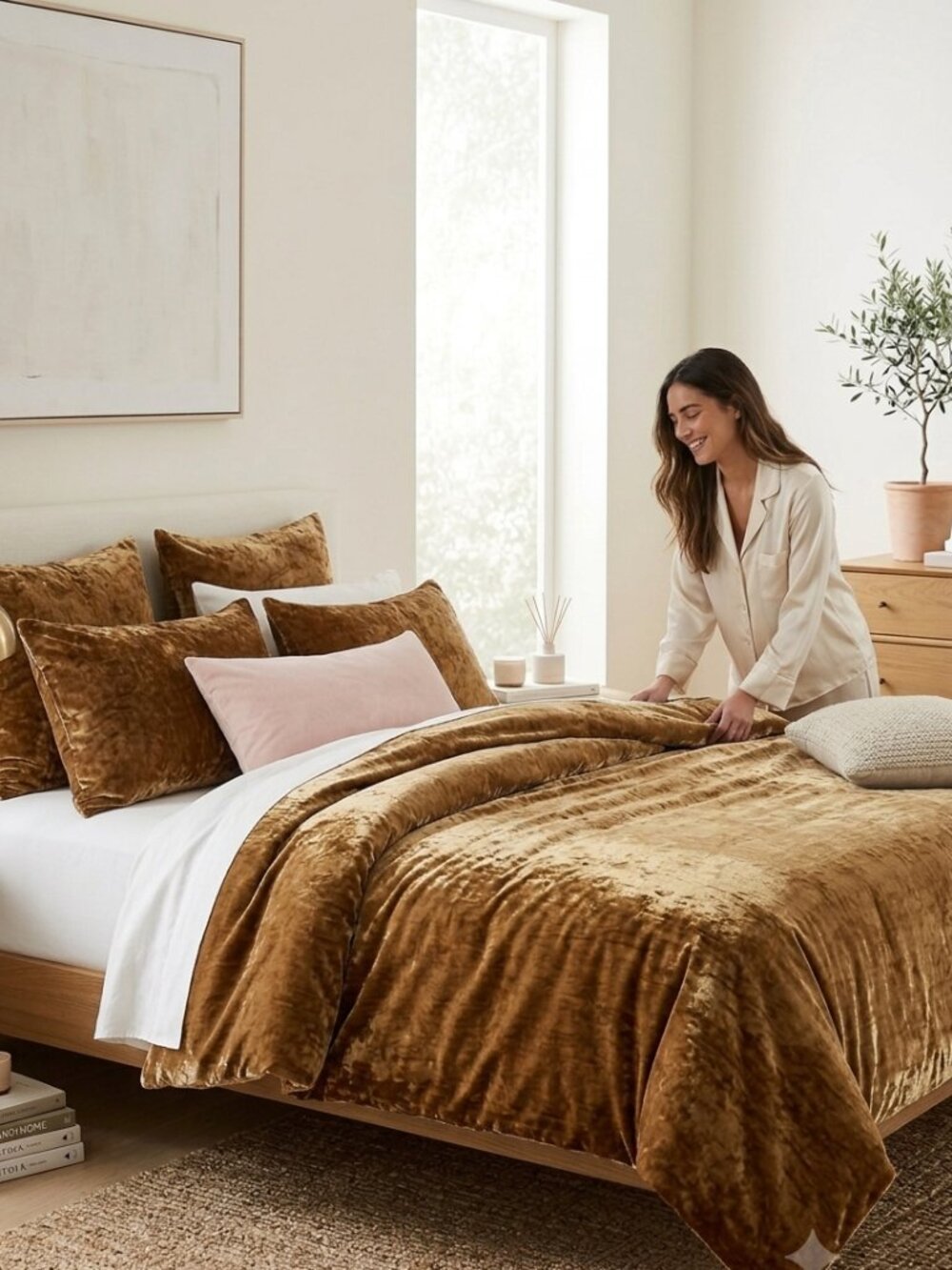 West Elm King Velvet Duvet Cover Bronze Brown Camel Earthy Warm Luxe Bedding